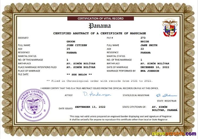 Panama marriage certificate